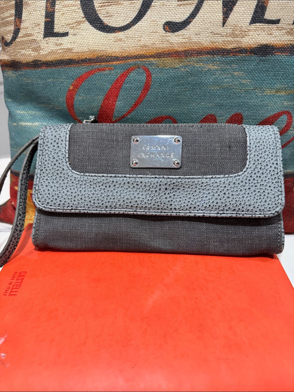 Armani Exchange Two-Tone Gray Textured Wristlet Clutch